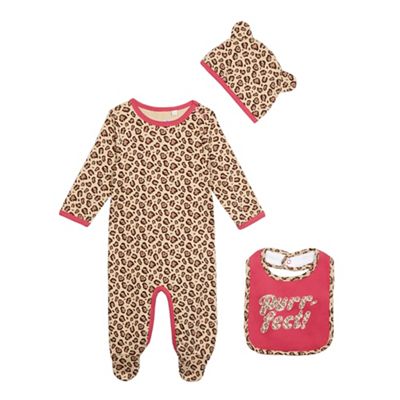 Baby girls' leopard print sleepsuit, hat and bib set